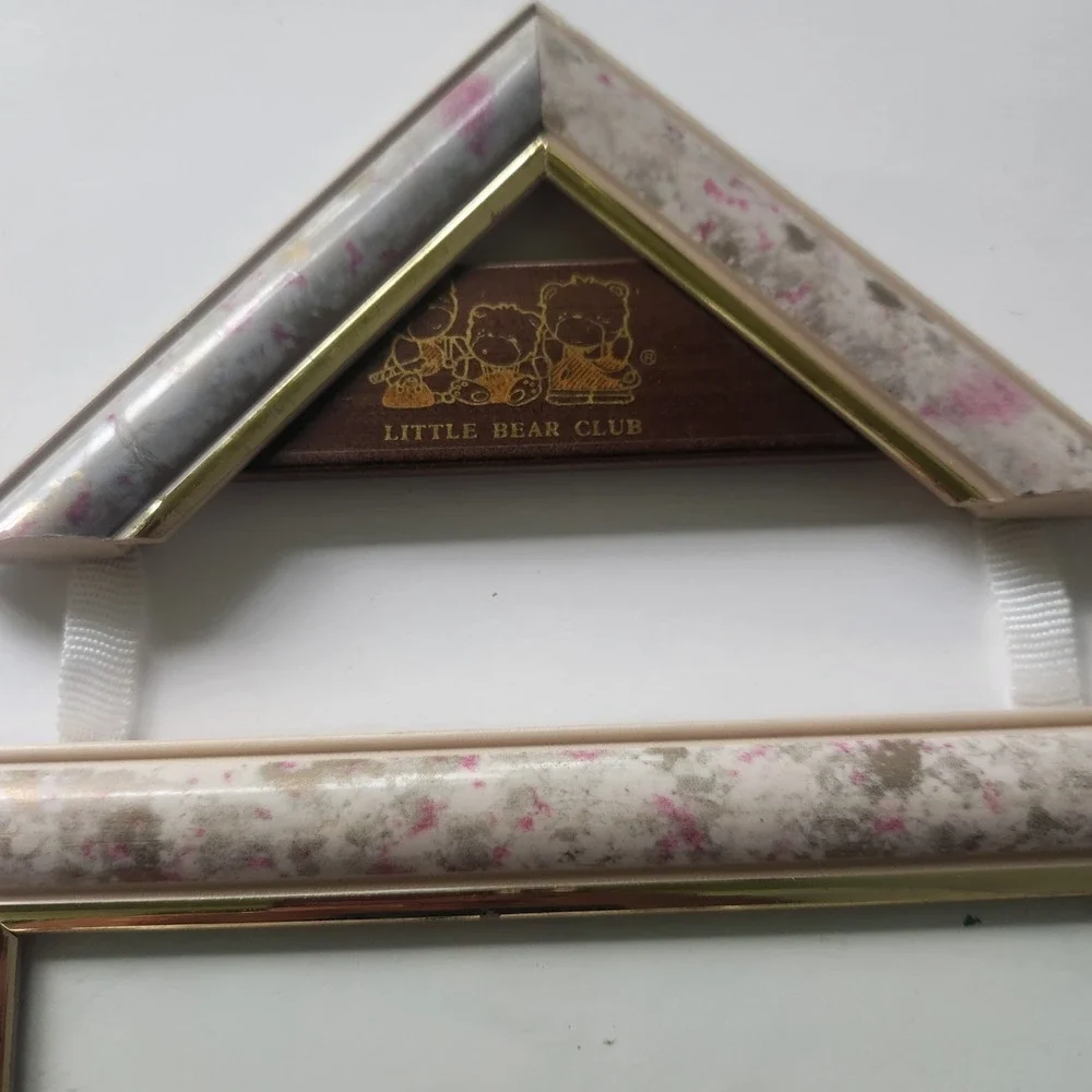 Little Bear Club Hanging Triple Photo Frame Pink Marbled Gold Trim Nursery Decor